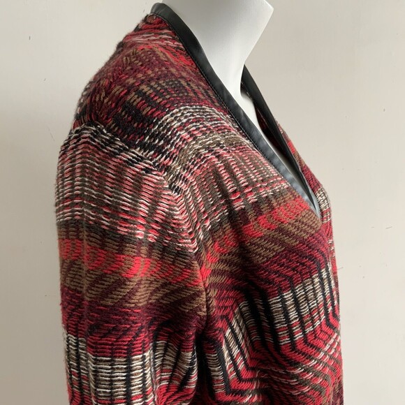 Rafaella Duster Cardigan Long Sleeve Faux Leather Trim Red Multicolor LP - Picture 9 of 9